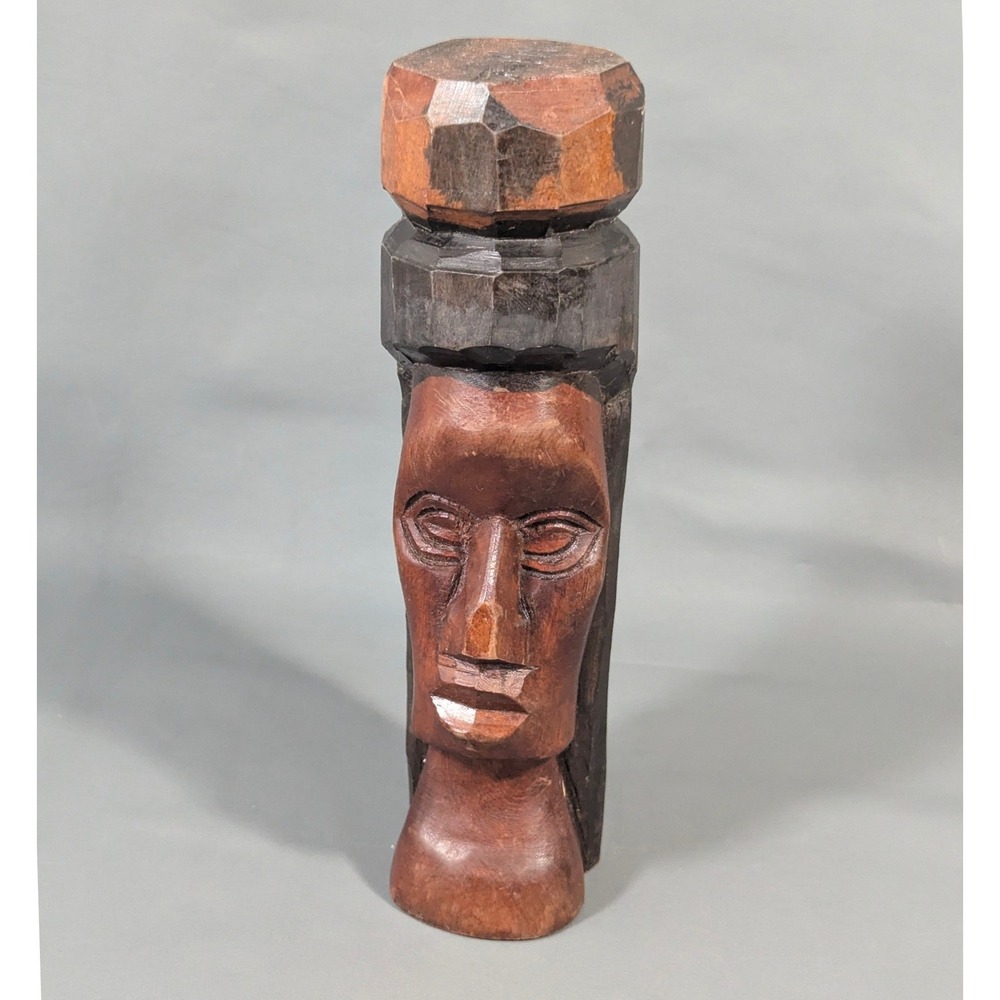Vintage Hand Carved Wood Bust African Folk Art Stylized Face Sculpture 9 Inch